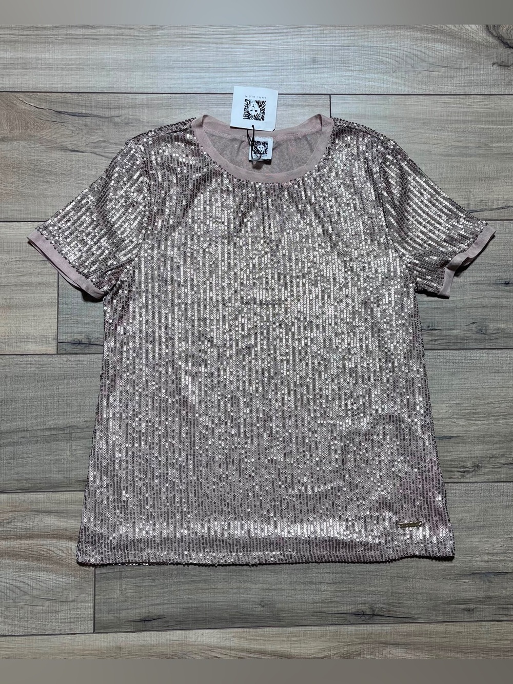 Anne Klein Womens Sequined Short Sleeve Top Size Small Elegant Latte